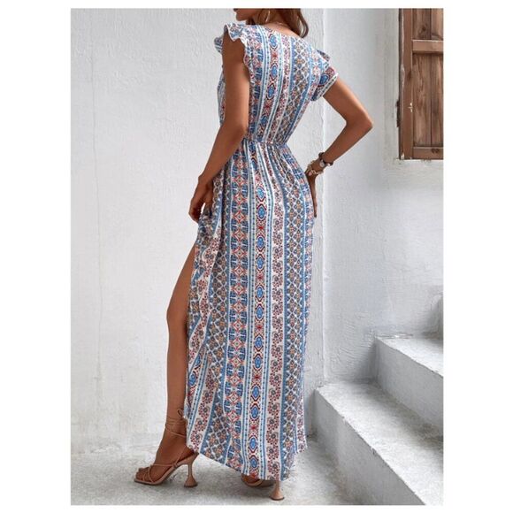 NWOT - SHEIN Allover Print Summer Flutter Sleeve Thigh Slit Maxi Dress - Picture 2 of 7